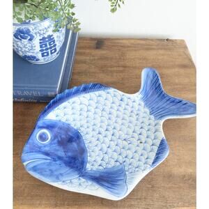 Vintage Blue and White Ceramic Fish Dish Fish Shaped Serving Platter 13" Long